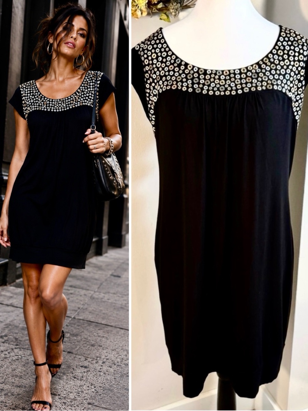 💥Vintage Caché Black Mixed Metal Grommet Embellished Banded Hem Dress Sz L💛